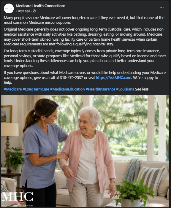 Published post explaining long-term care coverage, with a caregiver helping an older woman.