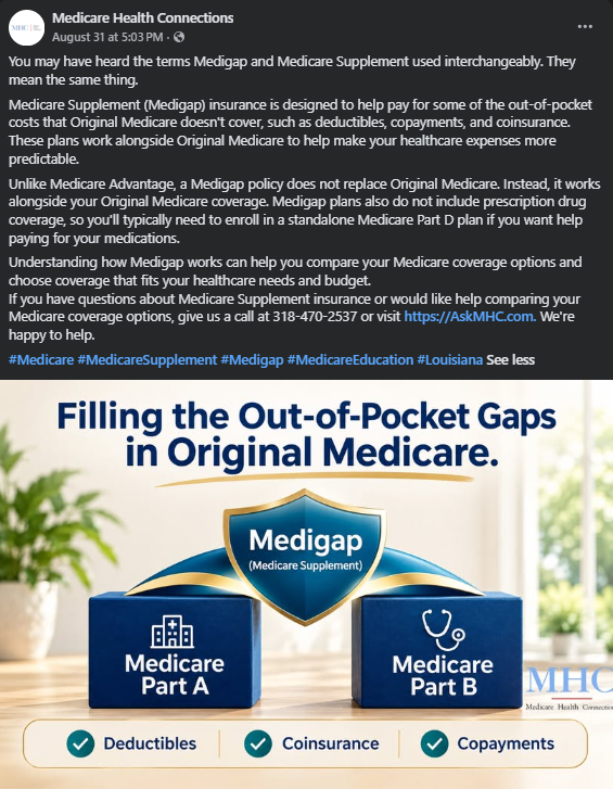 Published Facebook post explaining Medigap coverage with a branded Medicare Part A and Part B graphic.