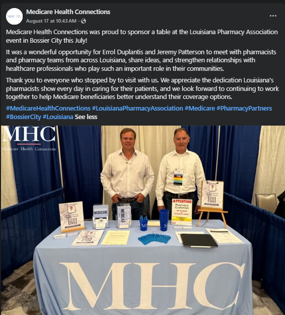 Published event post showing two representatives at a pharmacy association booth.