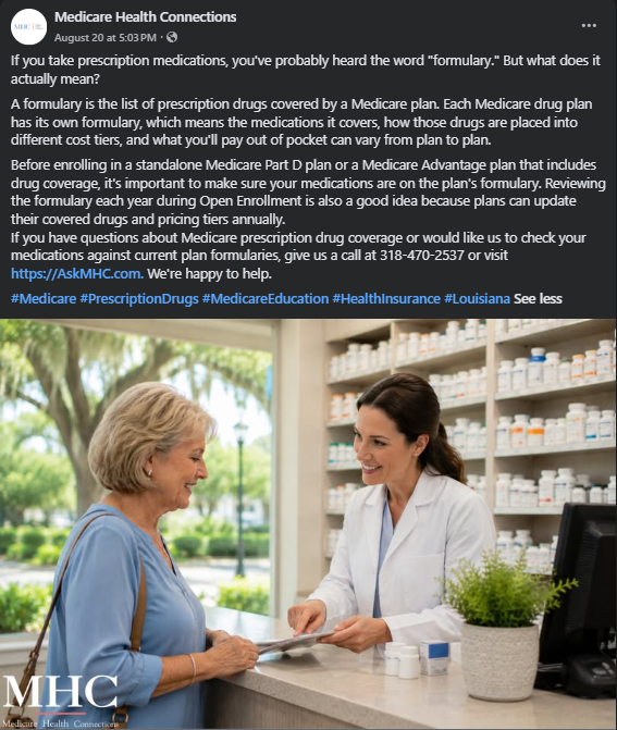 Published post explaining prescription drug formularies, with a pharmacist consulting a customer.