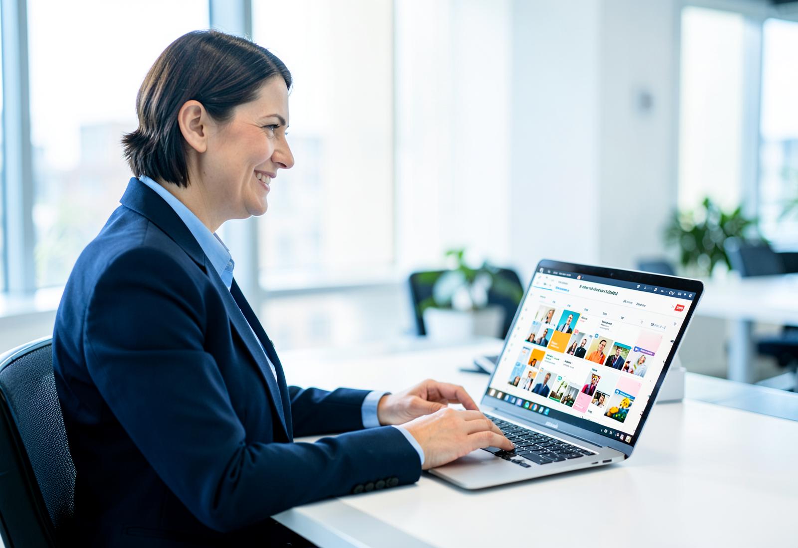Insurance professional reviewing a social media calendar on a laptop